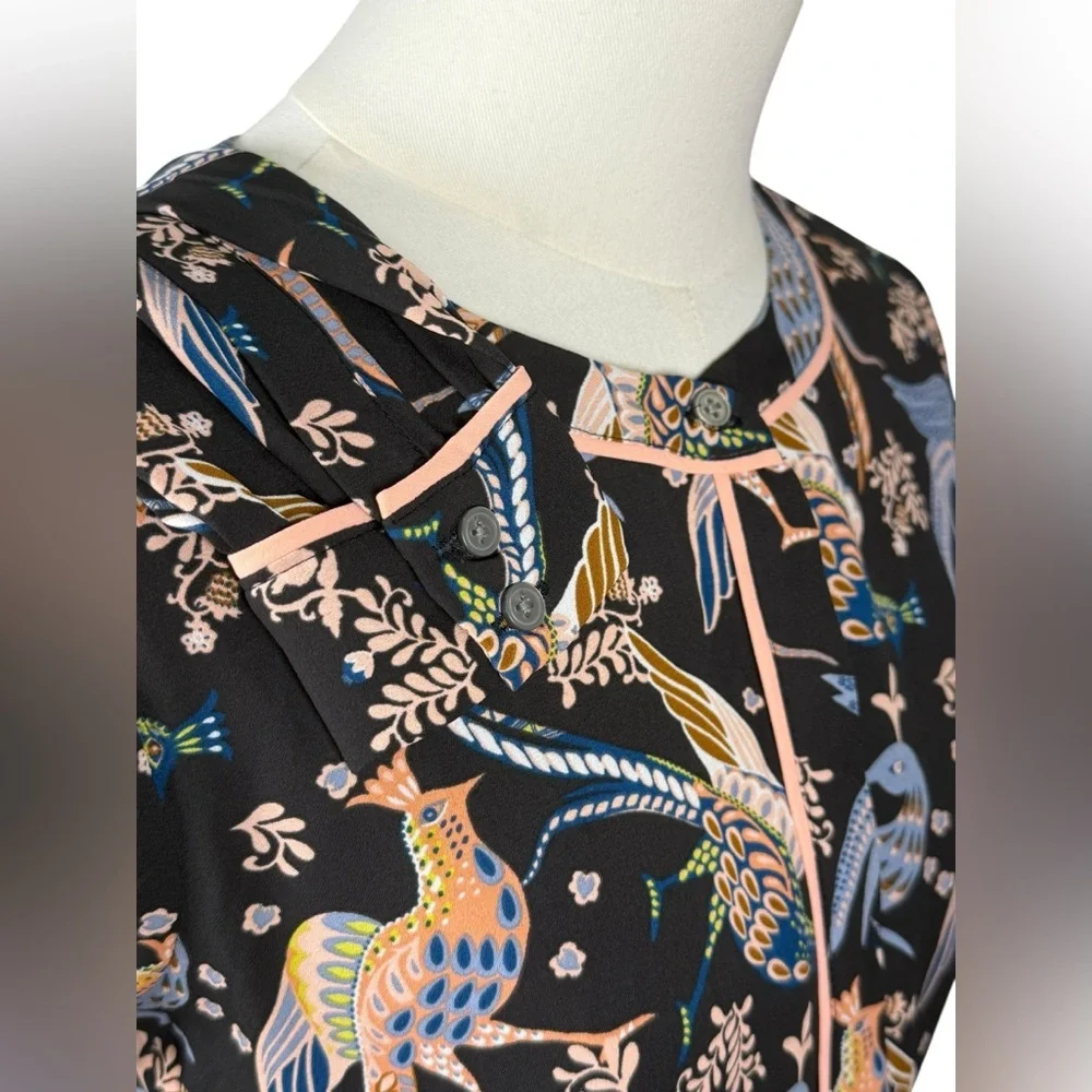 Ann Taylor Loft Long Sleeve Bird Print Dress in Black & Pastels Size 00P - Picture 5 of 9